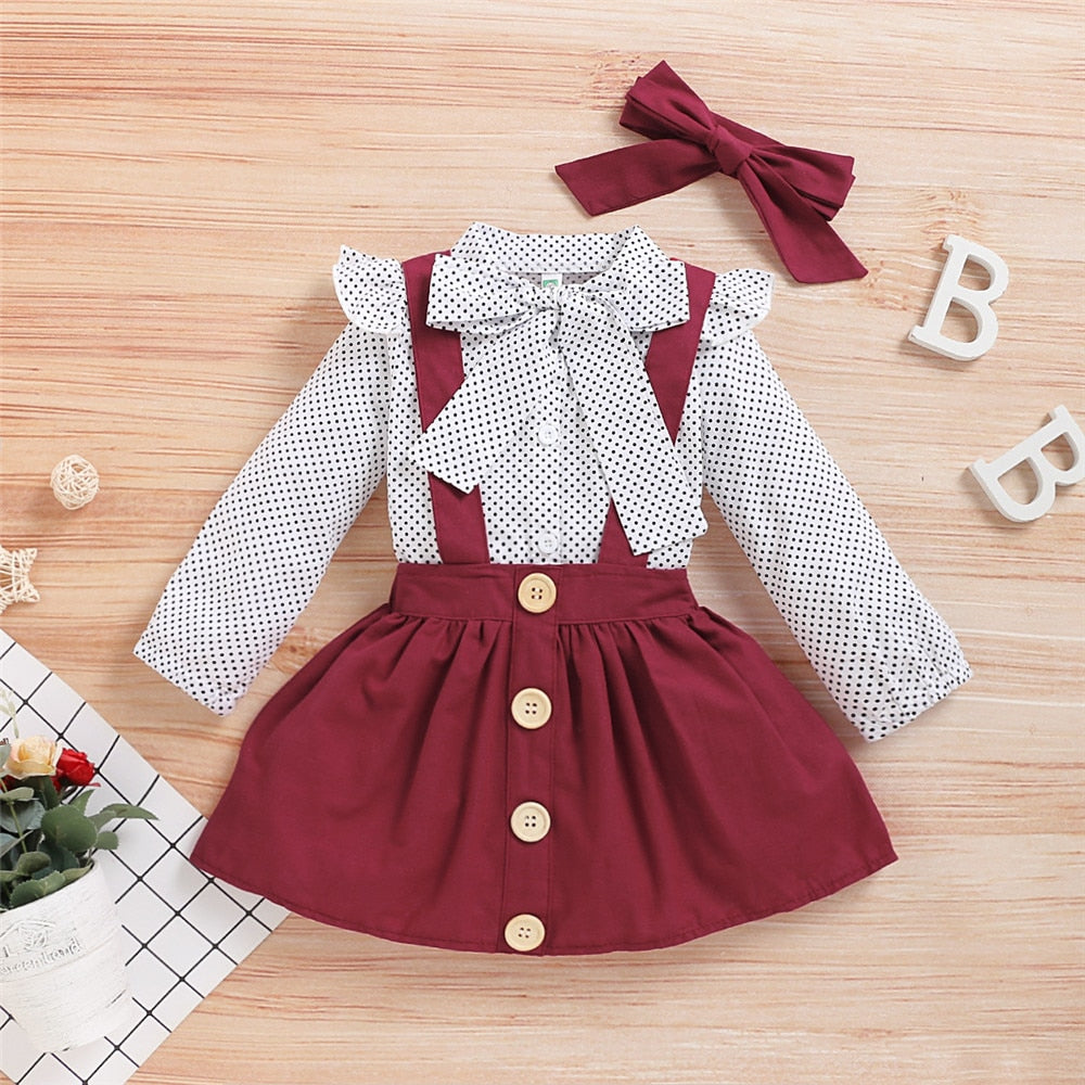Polka Dot Toddler Dress Set with Bow Top T-shirt, Suspender Skirt and Headband