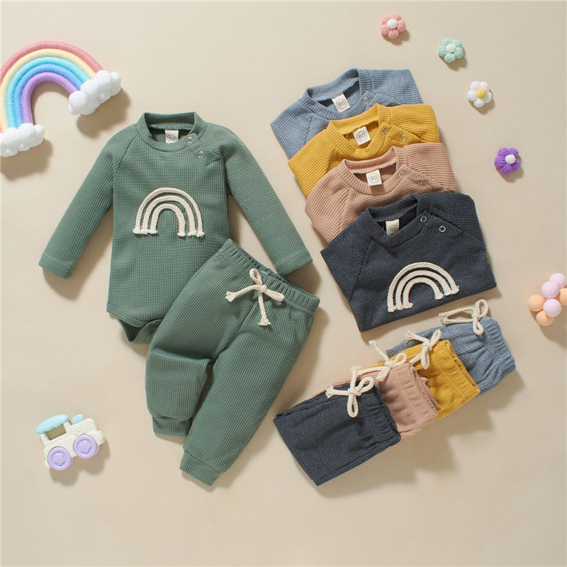 Rainbow Print Plaid Knitted Long Sleeve Rompers+Pants 2pcs Casual Outfits for Toddler Infant Baby Boy Girls