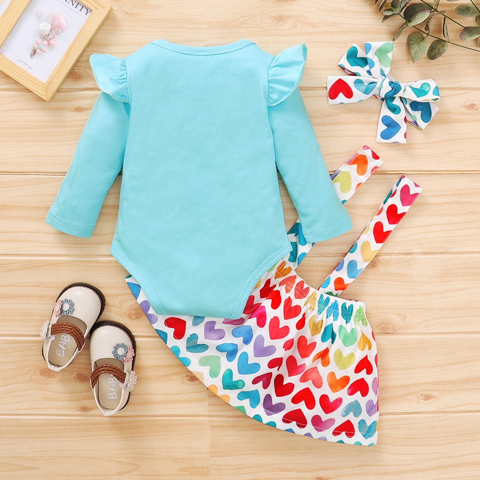 Adorable 3pcs Ruffle Cotton Romper Heart Suspender Skirts Set for Newborn Baby Girls