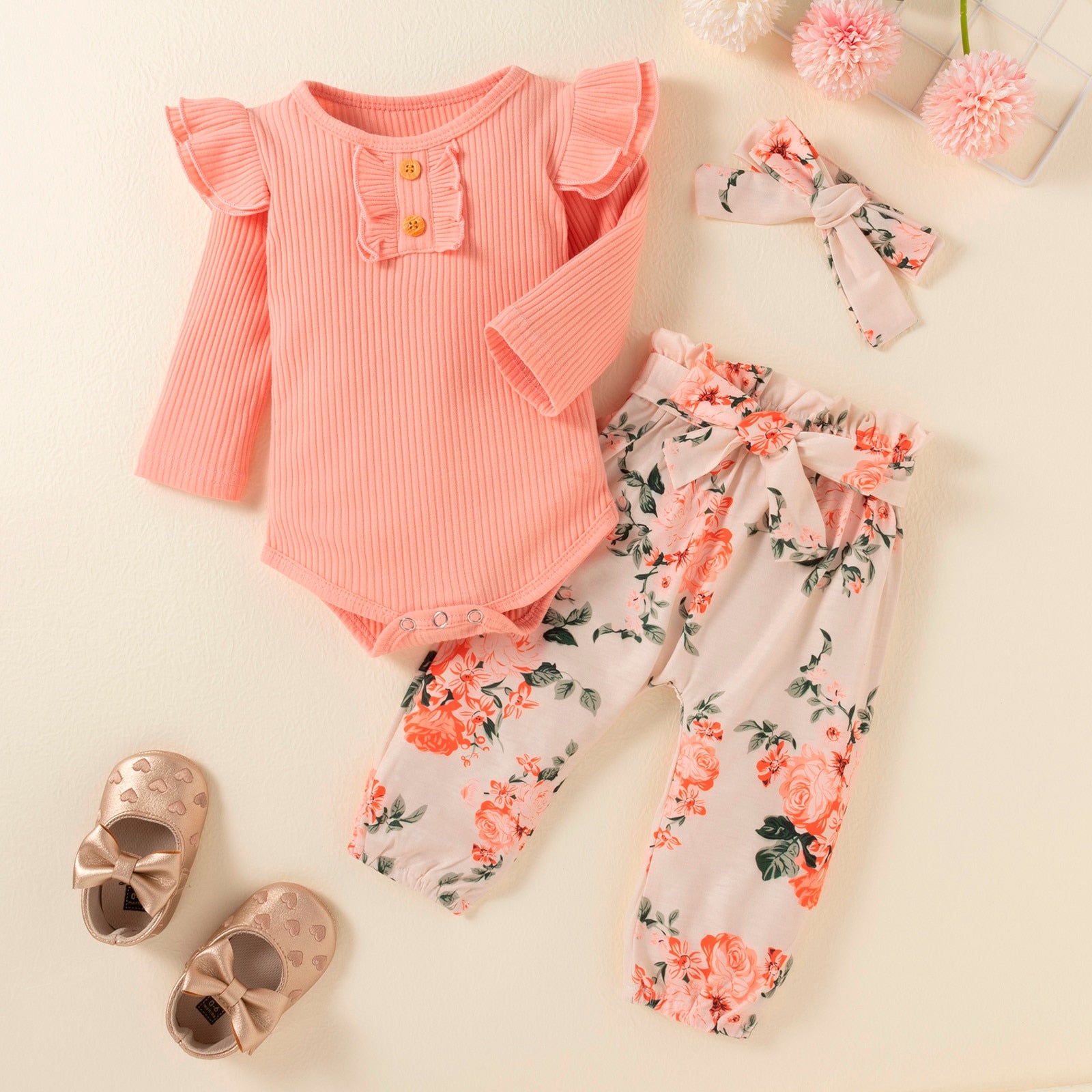 Adorable 3-Piece Infant Girl Outfit - Ribbed Bodysuit, Floral Pants and Headband Set