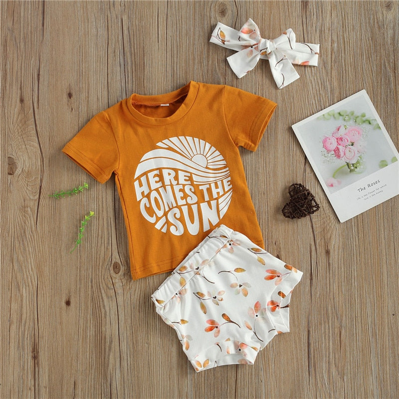 Adorable Summer Outfit Set for Baby Boys and Girls - Short Sleeve Letter Print T-shirt, Floral High Waist Shorts, and Matching Headband