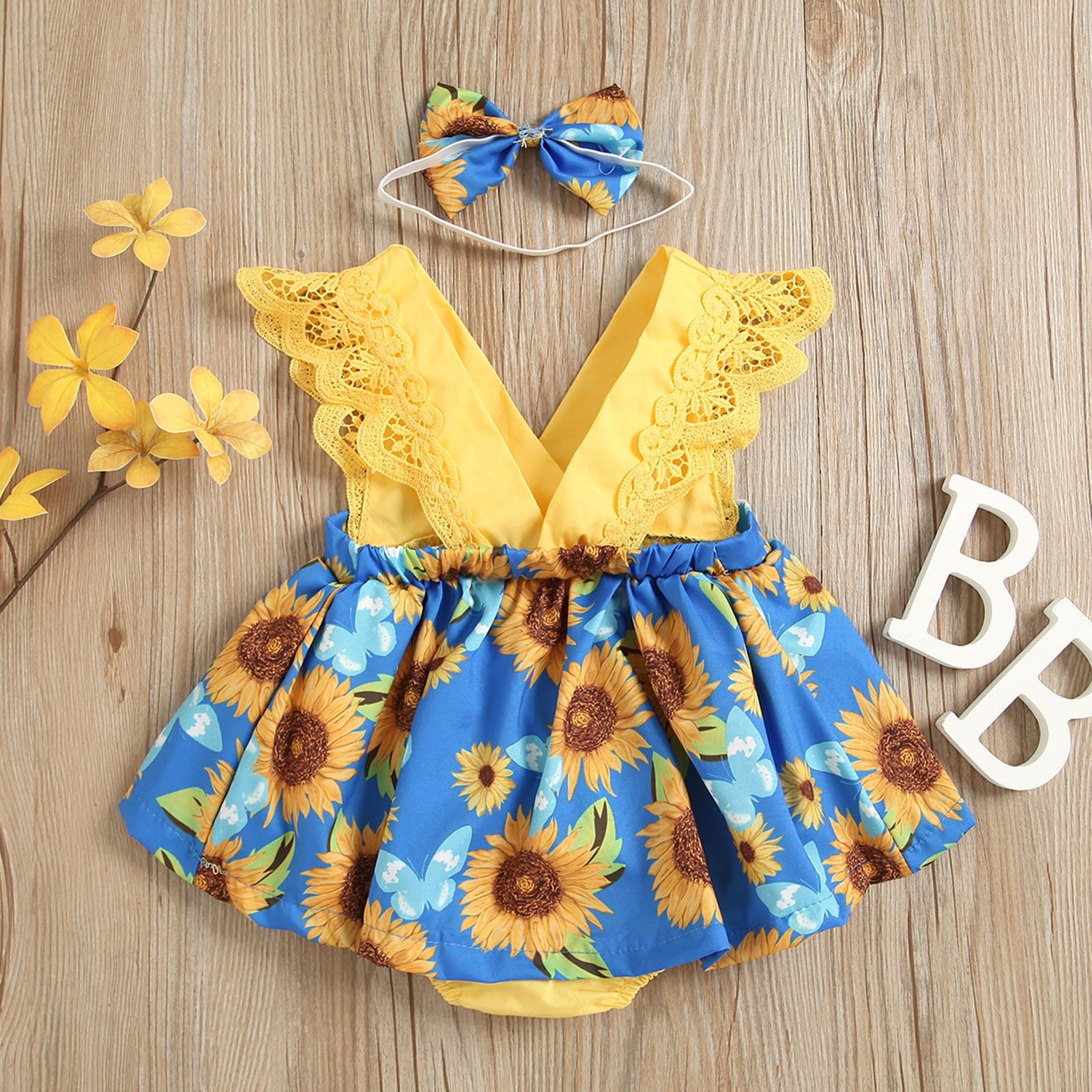 Newborn Baby Sunflower Print Romper Set with Headband - Sleeveless Infant Outfit