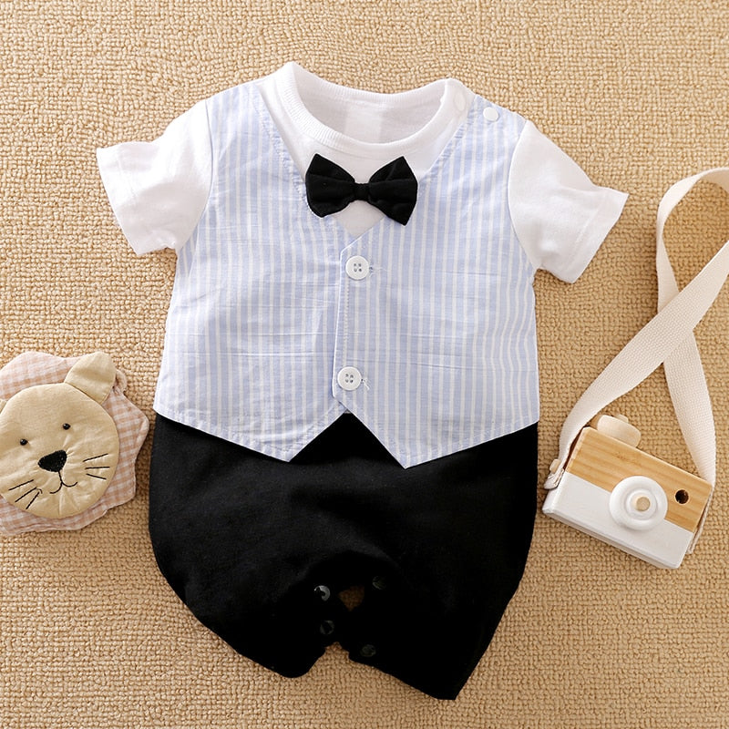 Adorable Gentleman Baby Boy Rompers with Plaid Necktie and Overalls