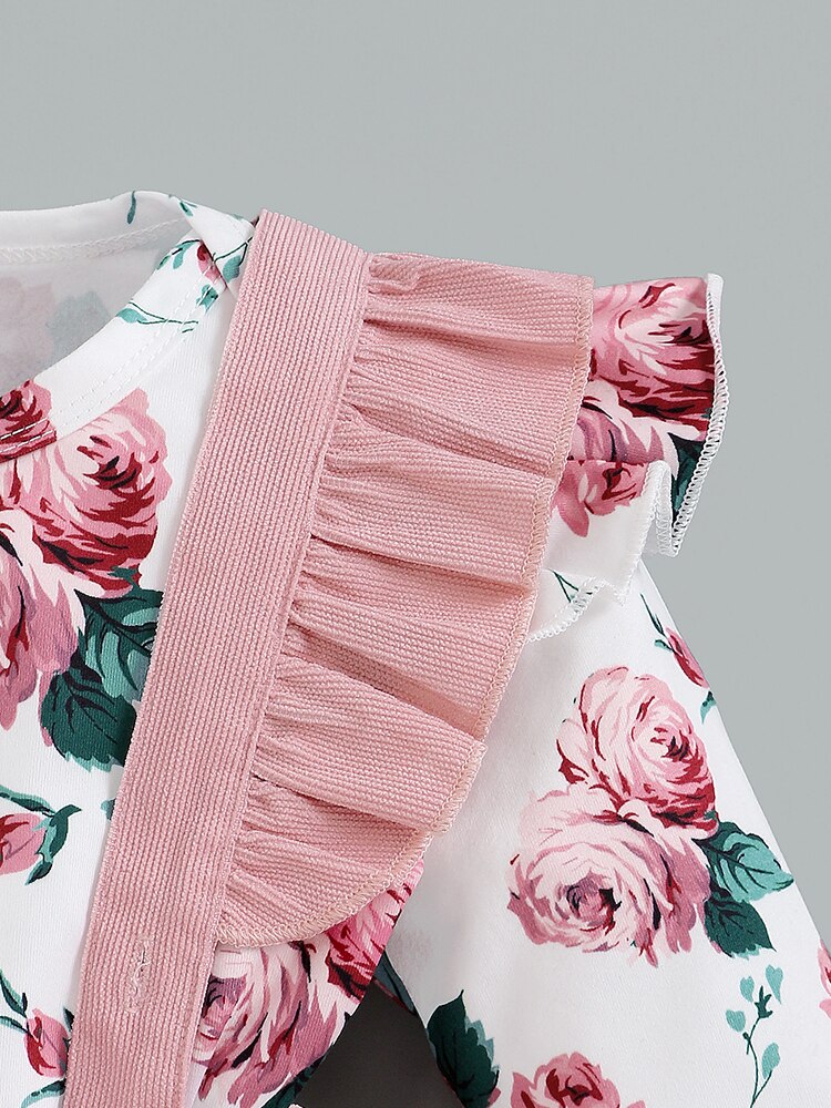 Adorable Winter Floral Baby Girl Clothes Set with Pink Rose Bodysuit Romper, Suspender Skirt, and Headband for Toddler Kids