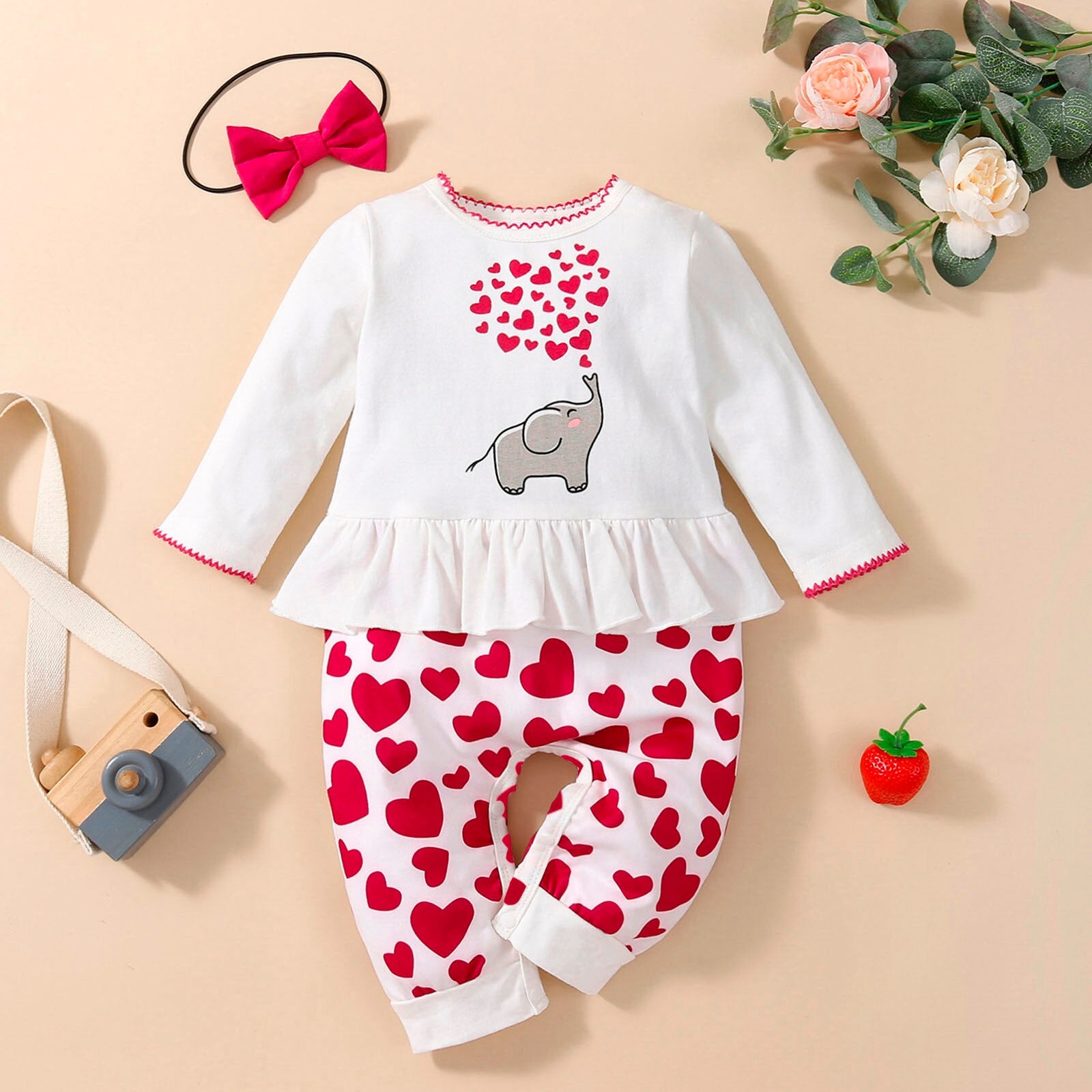 Infant Rompers + Headband Sets Spring Autumn Long Sleeve Suits Boys Girls Cartoon Heart Jumpsuit Girl Clothing Sets