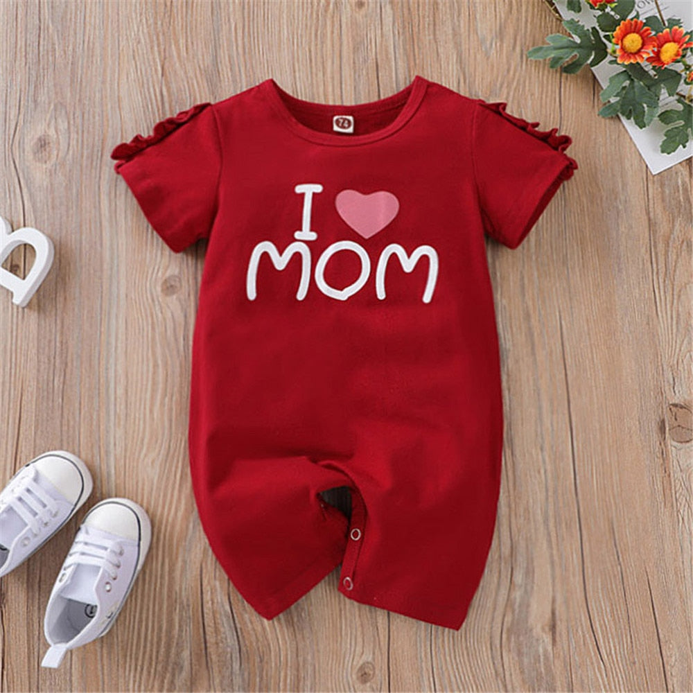 Stylish Solid Baby Rompers and Hat with "Love Mom" Costume for Newborn Girls