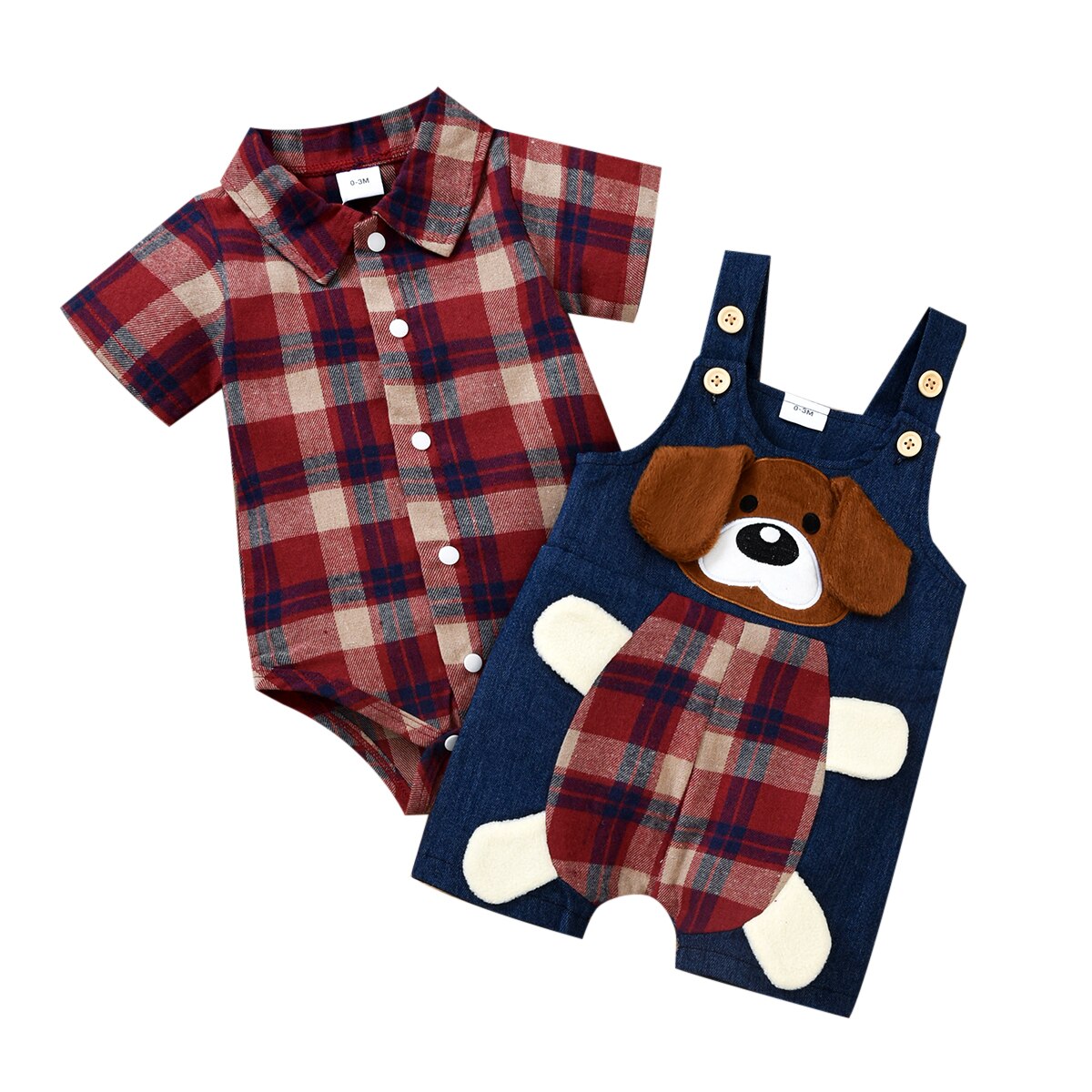 Cartoon Bear Baby Boy Outfit Set: Red Plaid Shirt and Denim Overalls