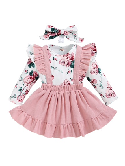 Adorable Winter Floral Baby Girl Clothes Set with Pink Rose Bodysuit Romper, Suspender Skirt, and Headband for Toddler Kids