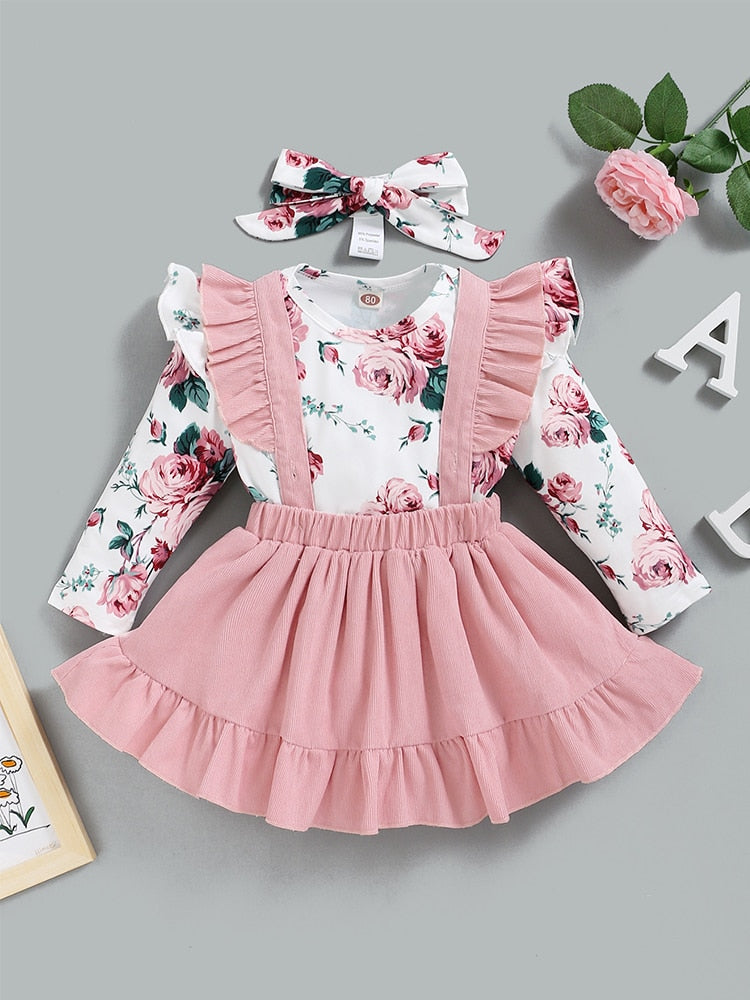 Adorable Winter Floral Baby Girl Clothes Set with Pink Rose Bodysuit Romper, Suspender Skirt, and Headband for Toddler Kids