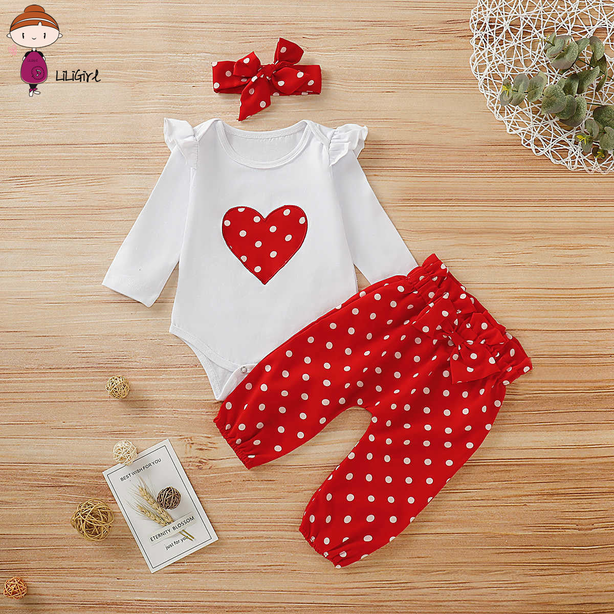 Stylish Newborn Baby Girls Clothes Set with Long Sleeve Heart Print T-shirt and Polka Dot Pants