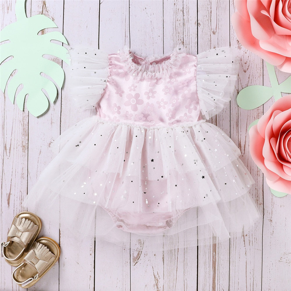Adorable Toddler Baby Girls Romper with Mesh, Ribbed Texture, Bow and Lace Details