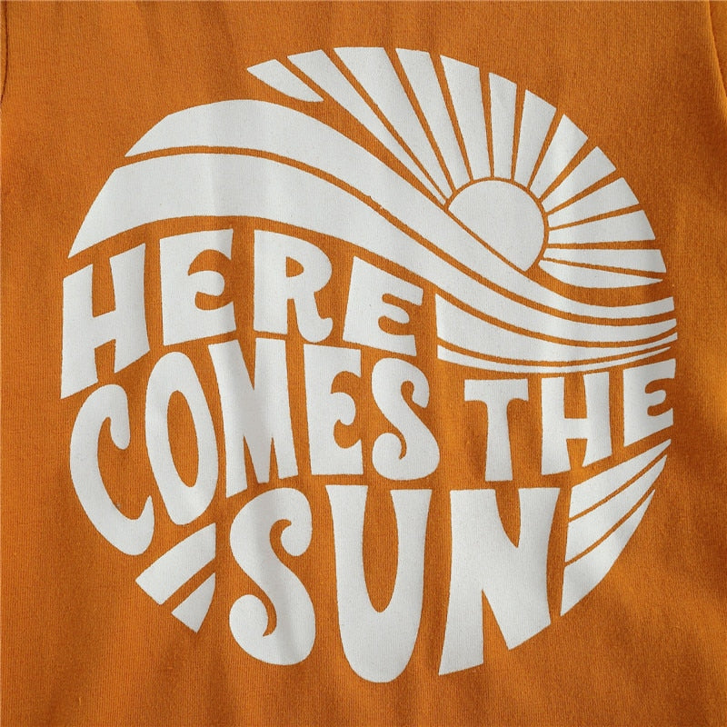 Adorable Baby Boys and Girls Summer 3pcs Outfits Sets with Short Sleeve Letter Print T-shirts, Floral High Waist Shorts, and Headband.