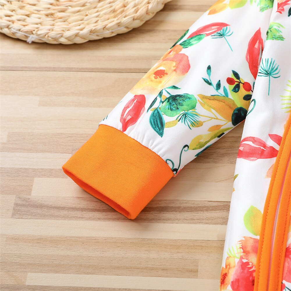 Orange Floral Baby Girls Footies - Zipped Jumpsuit for Newborns and Toddlers