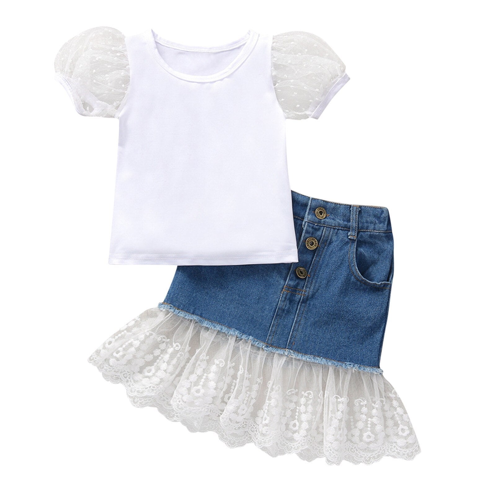 New Hot Fashion Toddler Girls Clothing Sets - Puff Sleeve Top + Jeans Lace Tulle Skirts Summer Outfits Sets