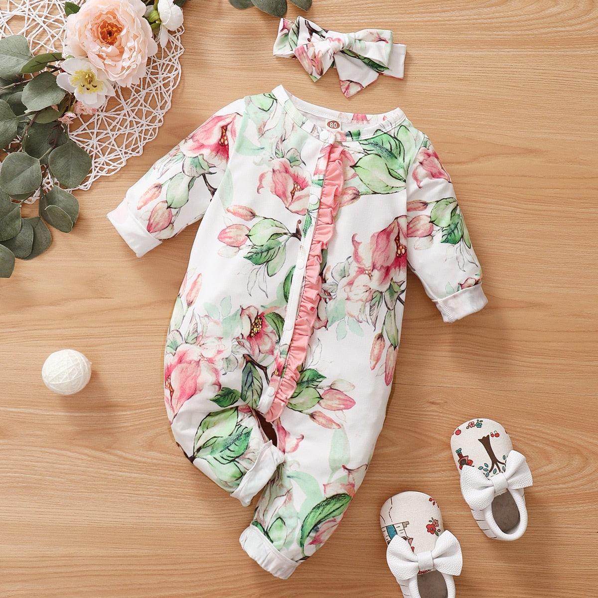 Lovely White Floral Ruffle Rompers for Baby Girls