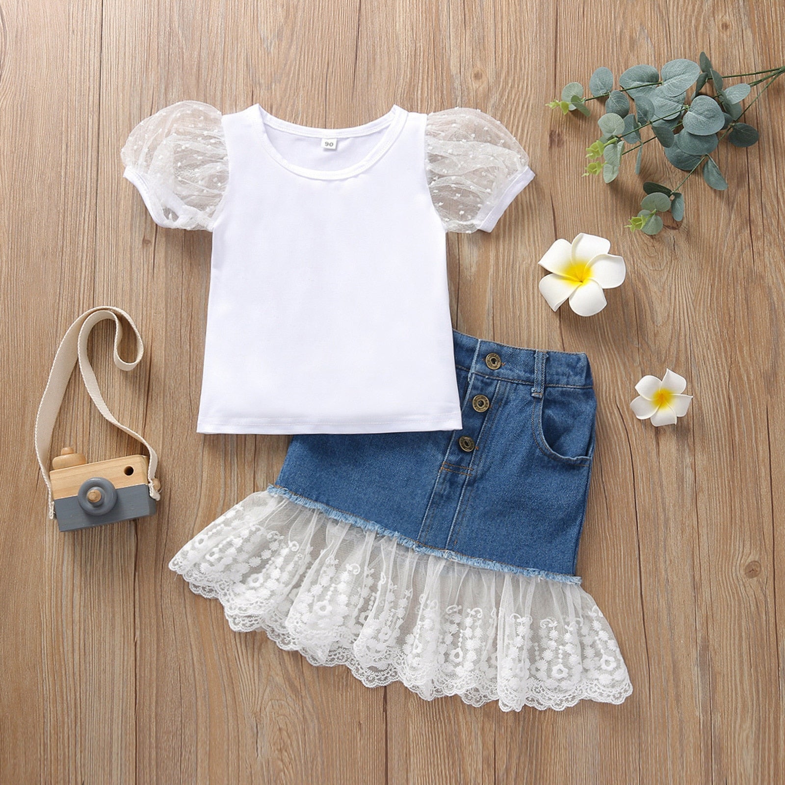 New Hot Fashion Toddler Girls Clothing Sets - Puff Sleeve Top + Jeans Lace Tulle Skirts Summer Outfits Sets