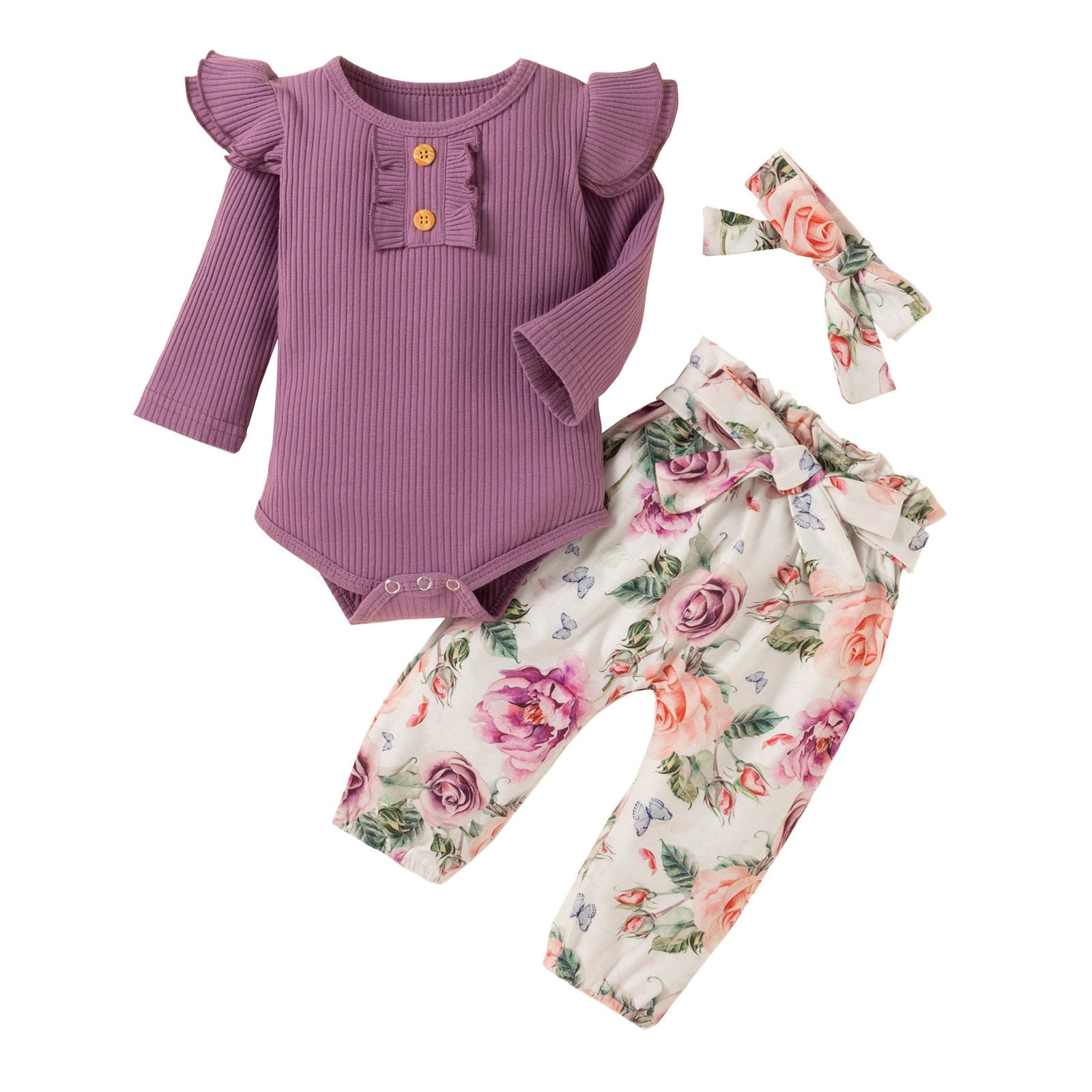 Adorable 3-Piece Infant Girl Outfit - Ribbed Bodysuit, Floral Pants and Headband Set