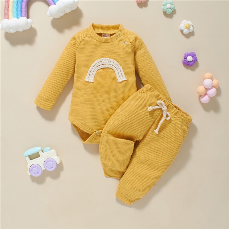 Rainbow Print Plaid Knitted Long Sleeve Rompers+Pants 2pcs Casual Outfits for Toddler Infant Baby Boy Girls