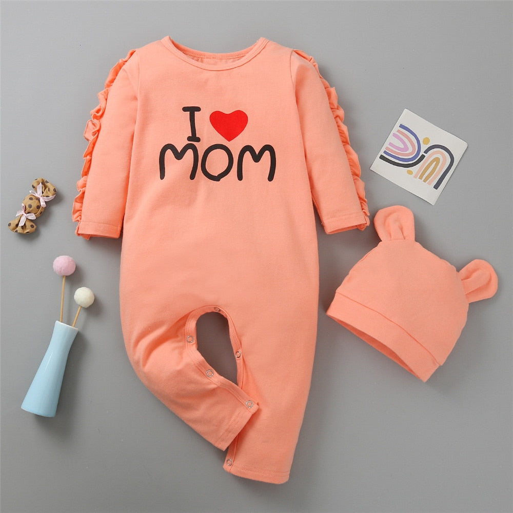 Stylish Solid Baby Rompers and Hat with "Love Mom" Costume for Newborn Girls