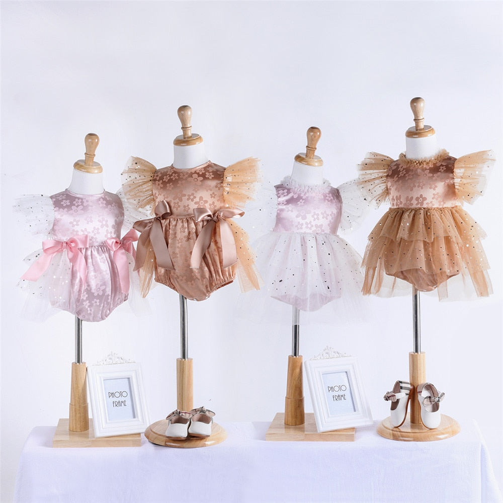 Adorable Toddler Baby Girls Romper with Mesh, Ribbed Texture, Bow and Lace Details