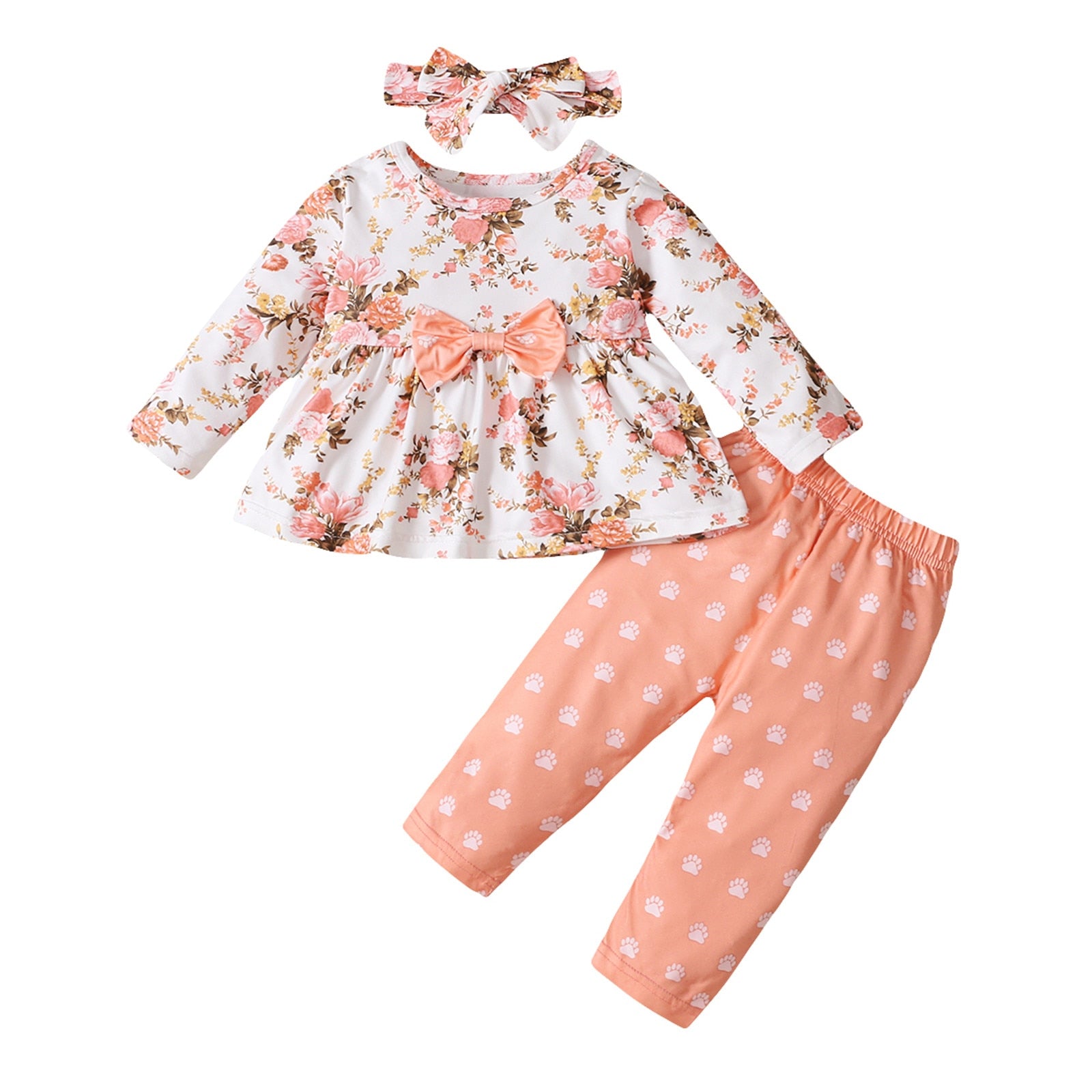 Cute 3pcs Floral Bow Top and Polka Dot Pants Set for Newborn Baby Girls