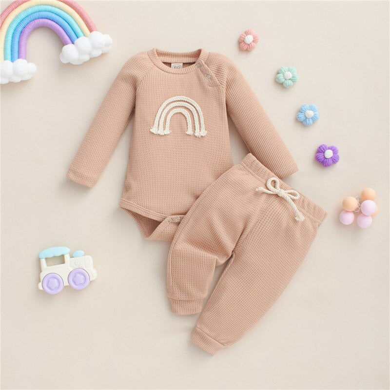 Rainbow Print Plaid Knitted Long Sleeve Rompers+Pants 2pcs Casual Outfits for Toddler Infant Baby Boy Girls