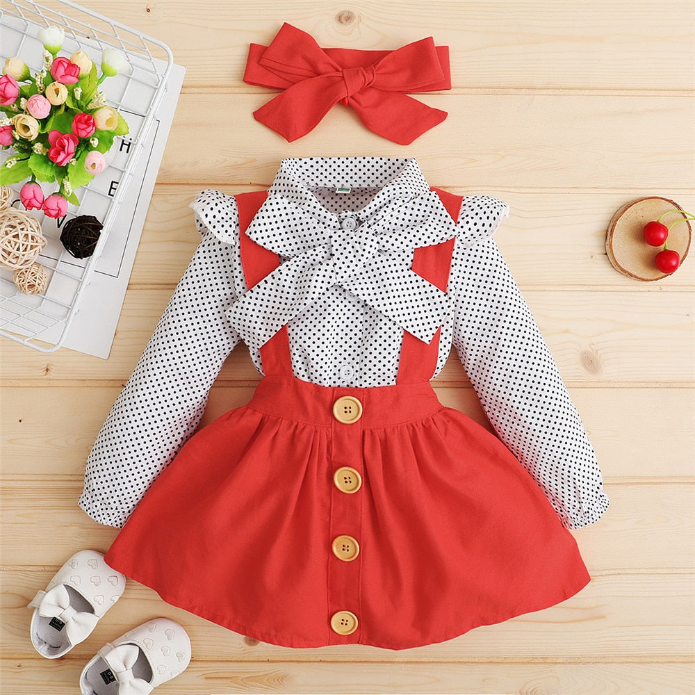 Polka Dot Toddler Dress Set with Bow Top T-shirt, Suspender Skirt and Headband
