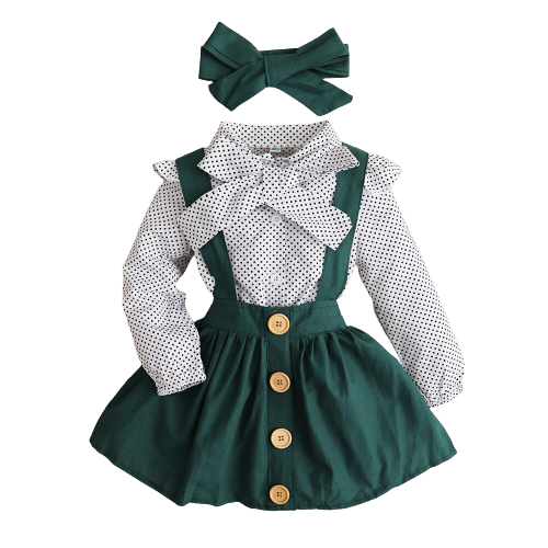 Polka Dot Toddler Dress Set with Bow Top T-shirt, Suspender Skirt and Headband
