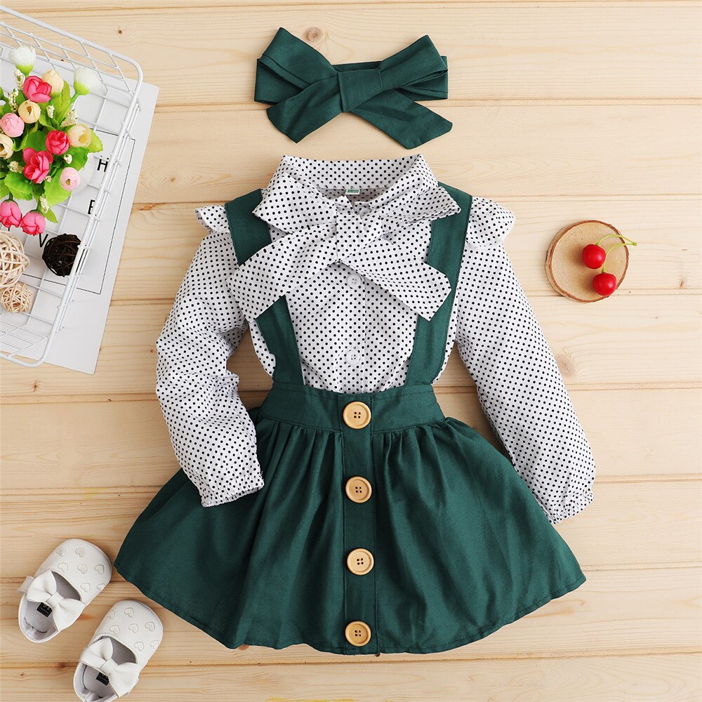 Polka Dot Toddler Dress Set with Bow Top T-shirt, Suspender Skirt and Headband