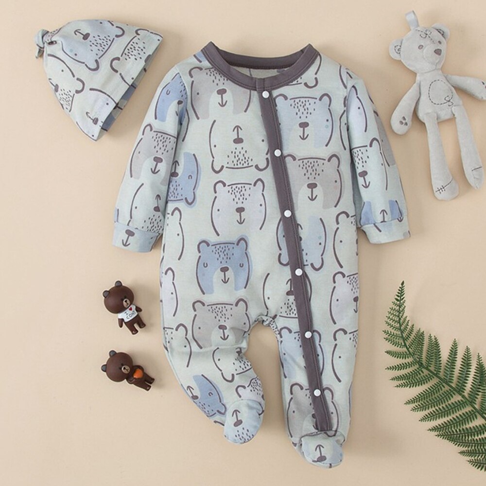 Cartoon Bear Baby Romper and Hat Set for Newborn