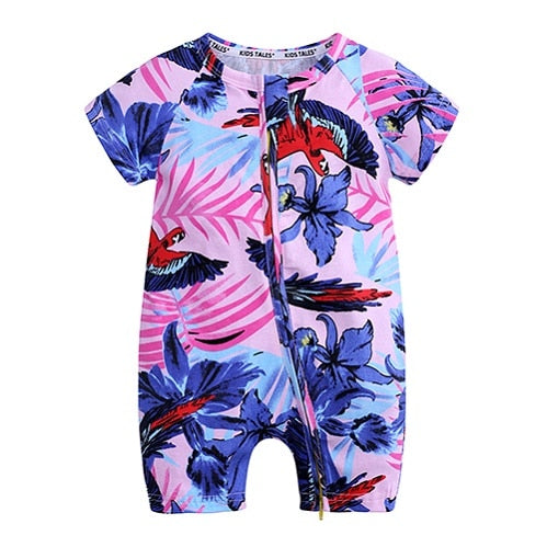 Toddler Blue Romper Jumpsuit with Cute Prints and Easy Zipper
