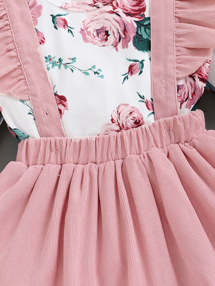 Adorable Winter Floral Baby Girl Clothes Set with Pink Rose Bodysuit Romper, Suspender Skirt, and Headband for Toddler Kids