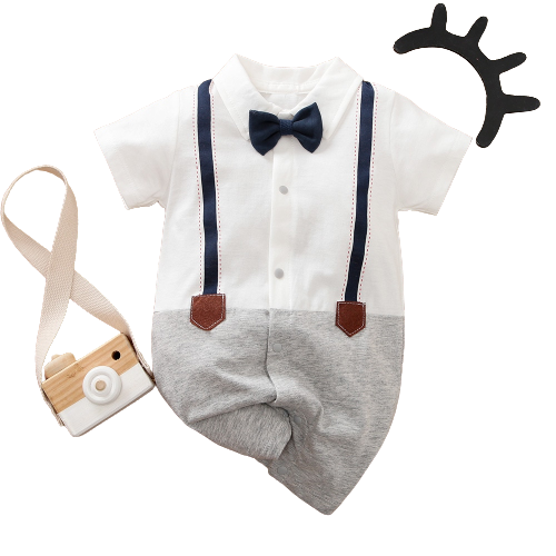 Charming Plaid Gentleman Baby Boy Romper with Necktie and Overalls