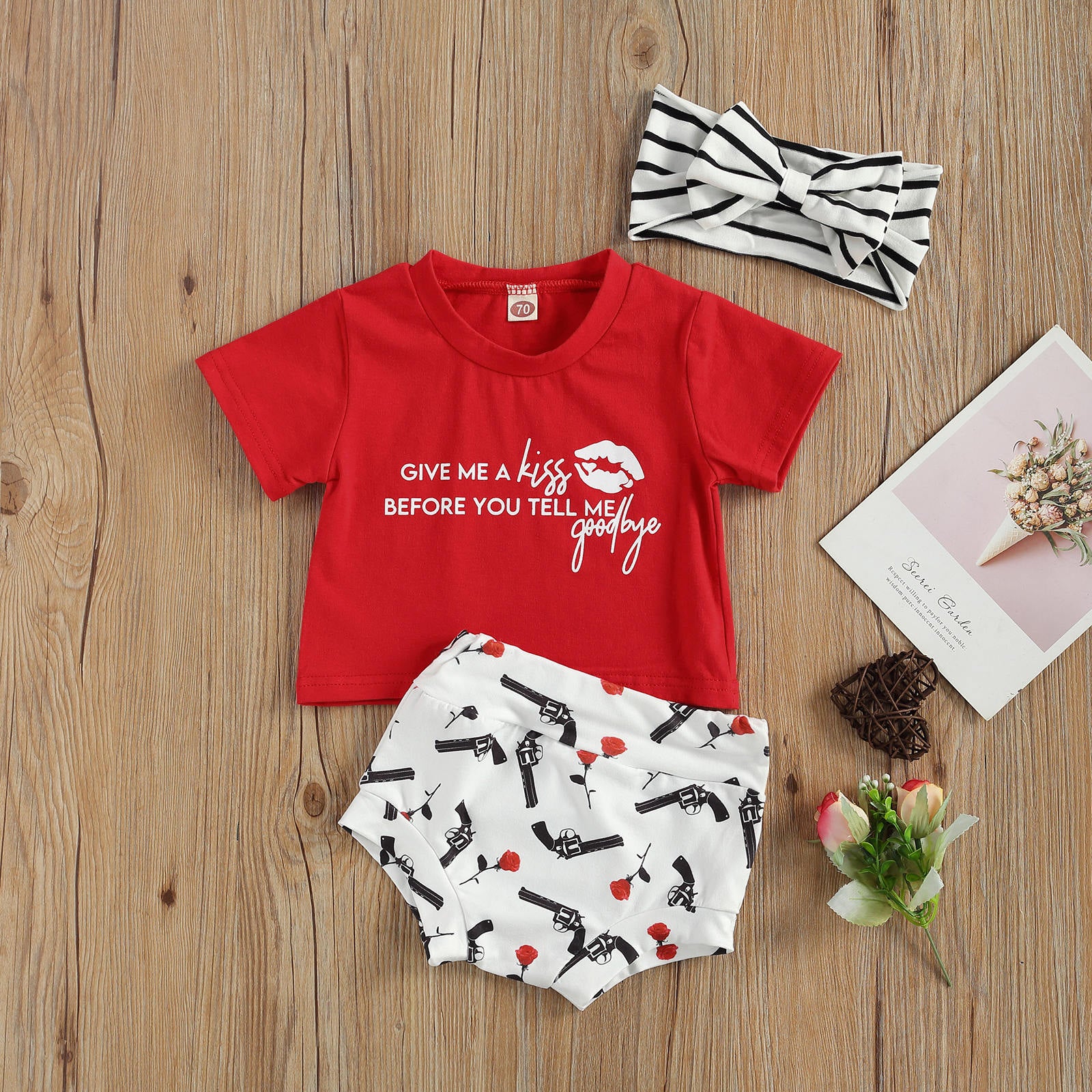Newborn Baby Girls Summer Clothes Set: Short Sleeve Letter Print Tops+Print Shorts+Headband