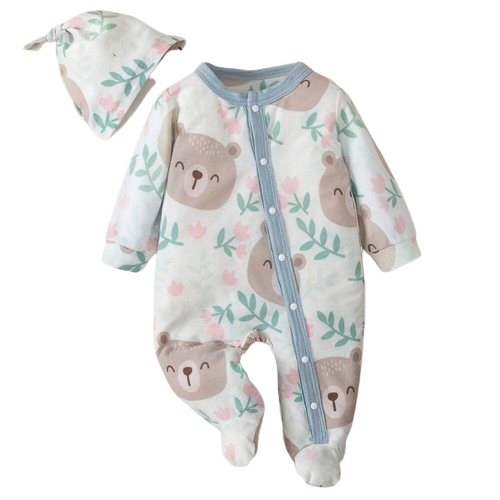 Adorable Cartoon Bear Baby Romper and Hat Set for Newborns