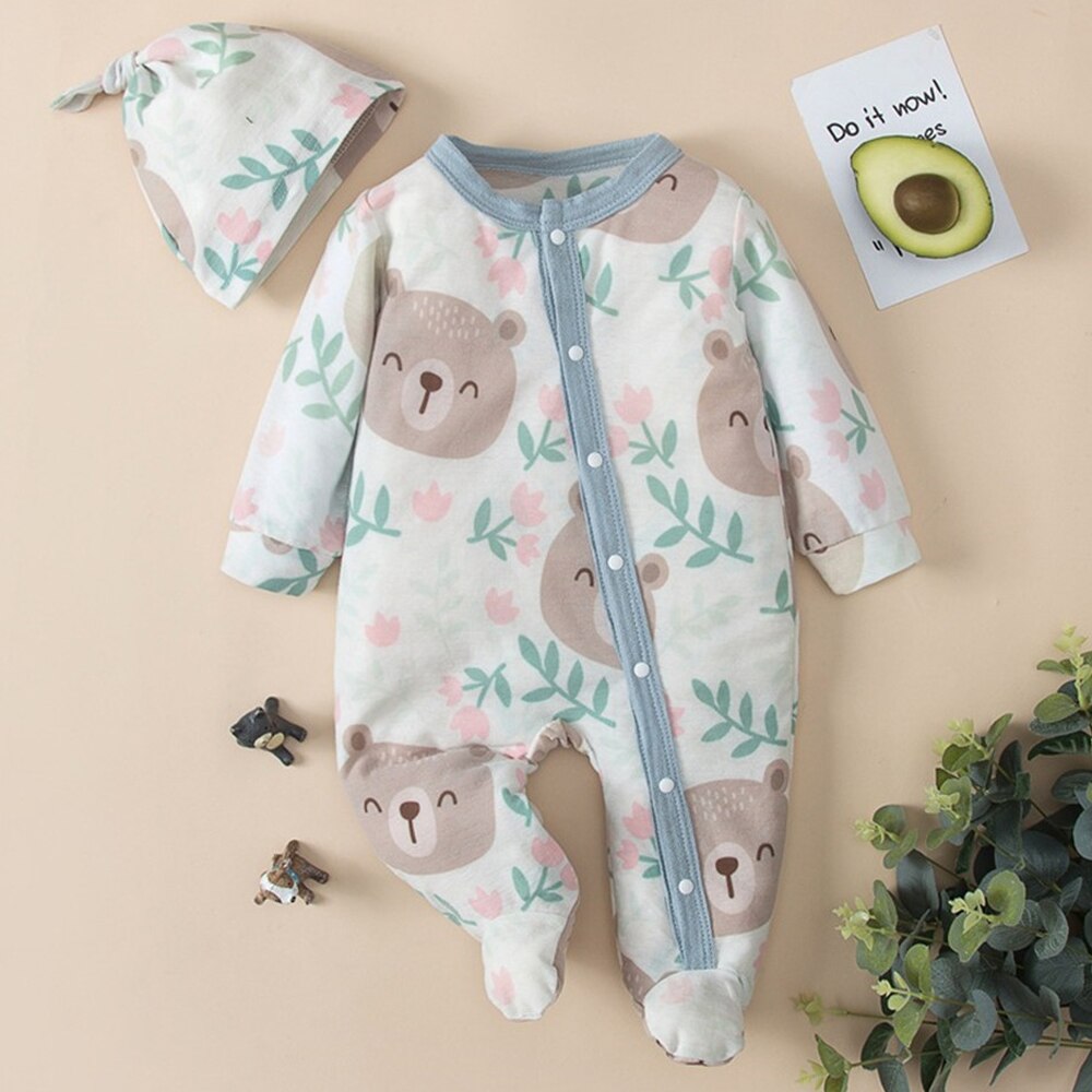 Adorable Cartoon Bear Baby Romper and Hat Set for Newborns