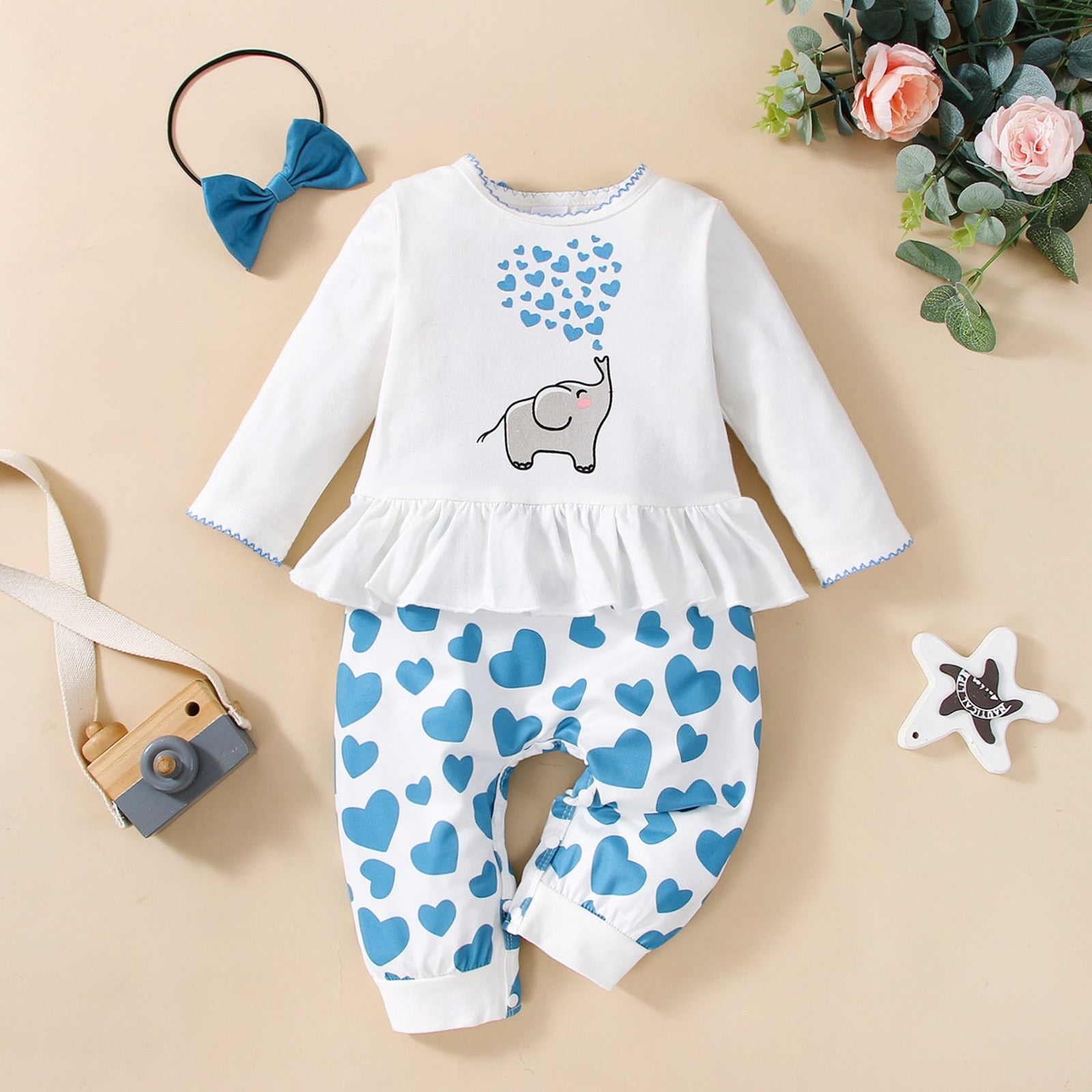 Infant Rompers + Headband Sets Spring Autumn Long Sleeve Suits Boys Girls Cartoon Heart Jumpsuit Girl Clothing Sets