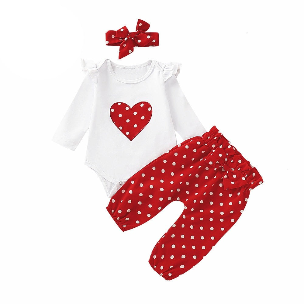 Stylish Newborn Baby Girls Clothes Set with Long Sleeve Heart Print T-shirt and Polka Dot Pants
