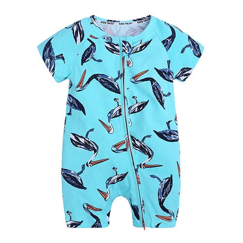 Toddler Kids Baby Boy Blue Short Sleeve Romper Print Zipper Jumpsuit Outfit
