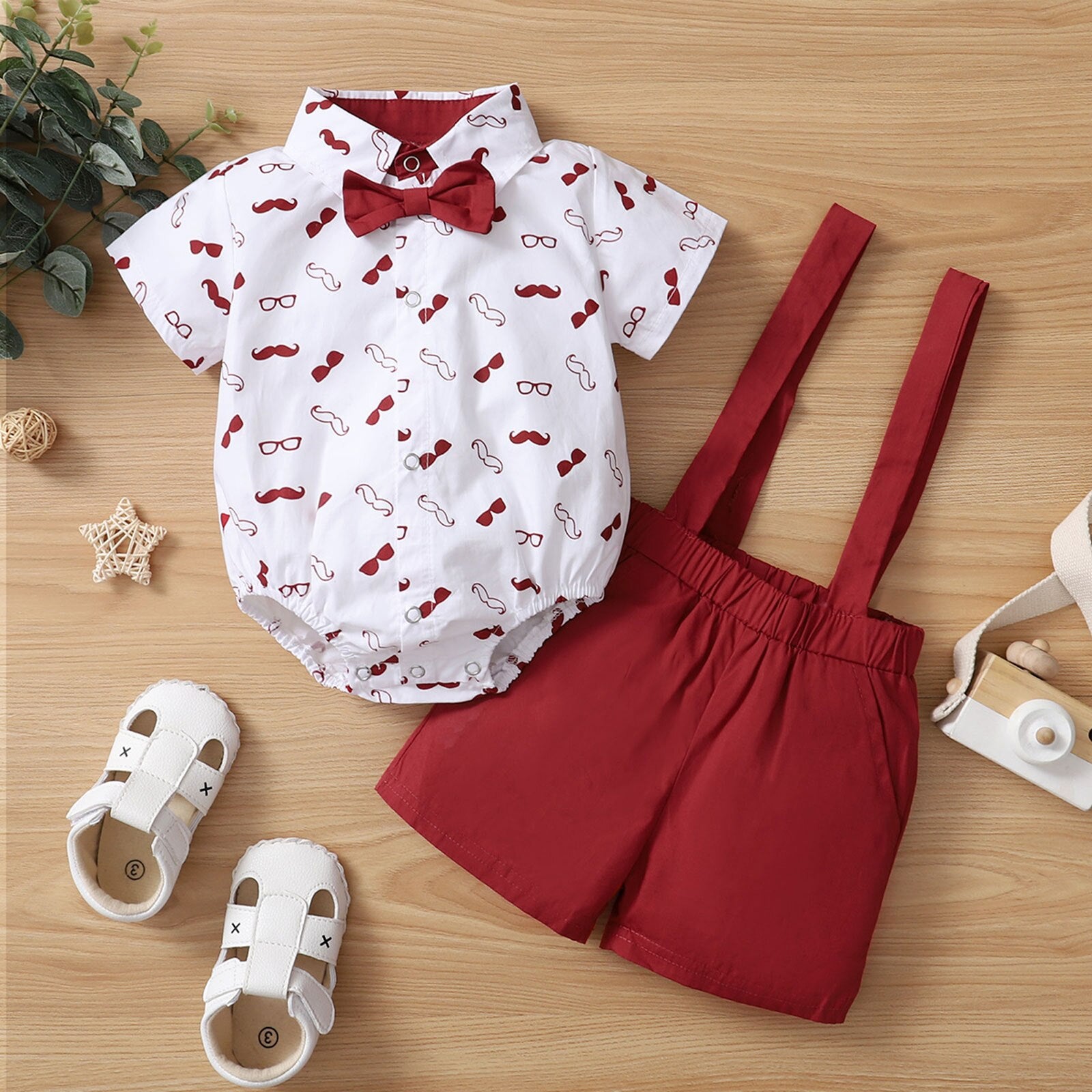 Summer Baby Boys Clothes Set Beard Print Shirt + Suspender Shorts Gentleman Outfits