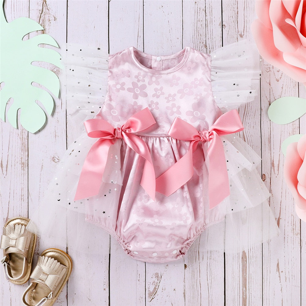 Adorable Toddler Baby Girls Romper with Mesh, Ribbed Texture, Bow and Lace Details