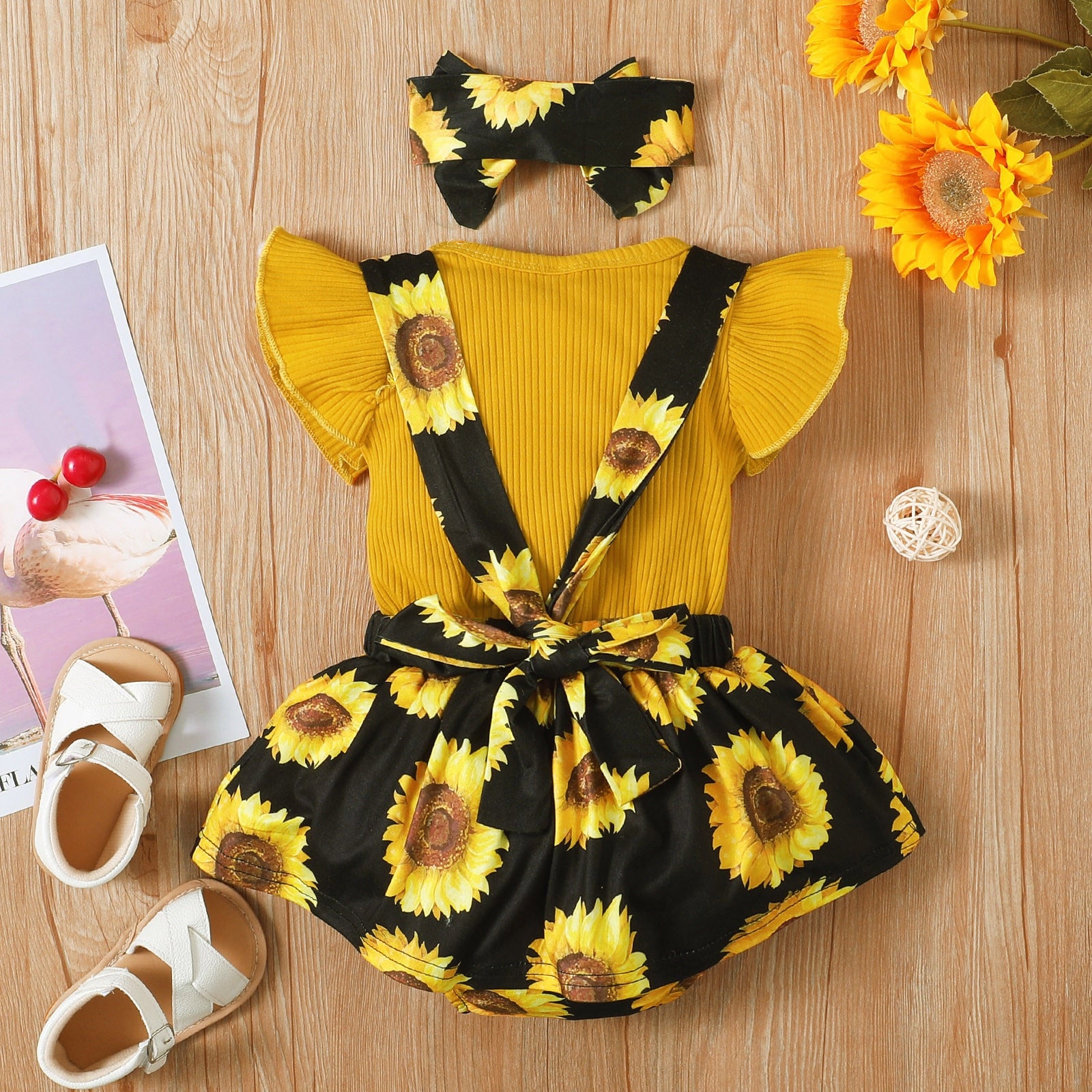 Adorable Newborn Baby Girls Clothes Set with Letter Print Ribbed Tops and Sunflower Suspender Skirts