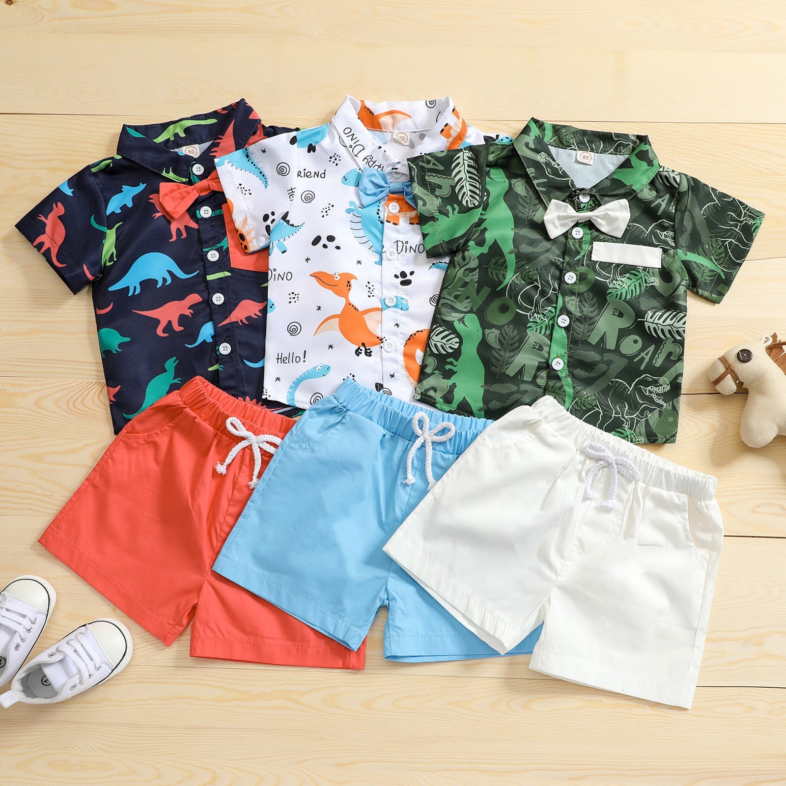 Stylish Summer Baby Boys Clothing Set - Short Sleeve Dinosaur Button-Down Collar Blouse and Drawstring Shorts