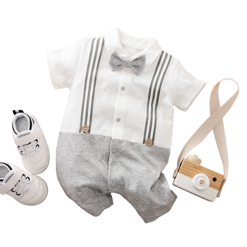 Gentleman-Inspired Baby Boy Romper with Plaid Necktie and Overalls