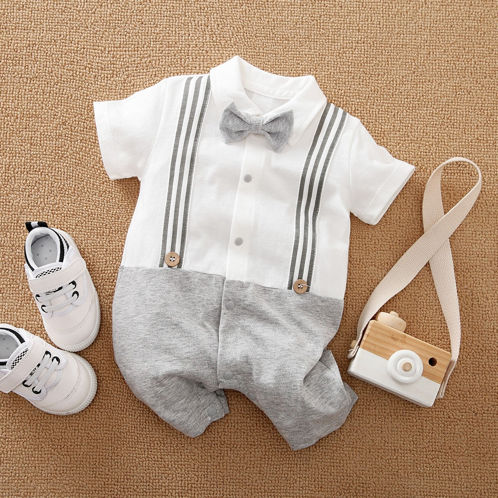Gentleman-Inspired Baby Boy Romper with Plaid Necktie and Overalls
