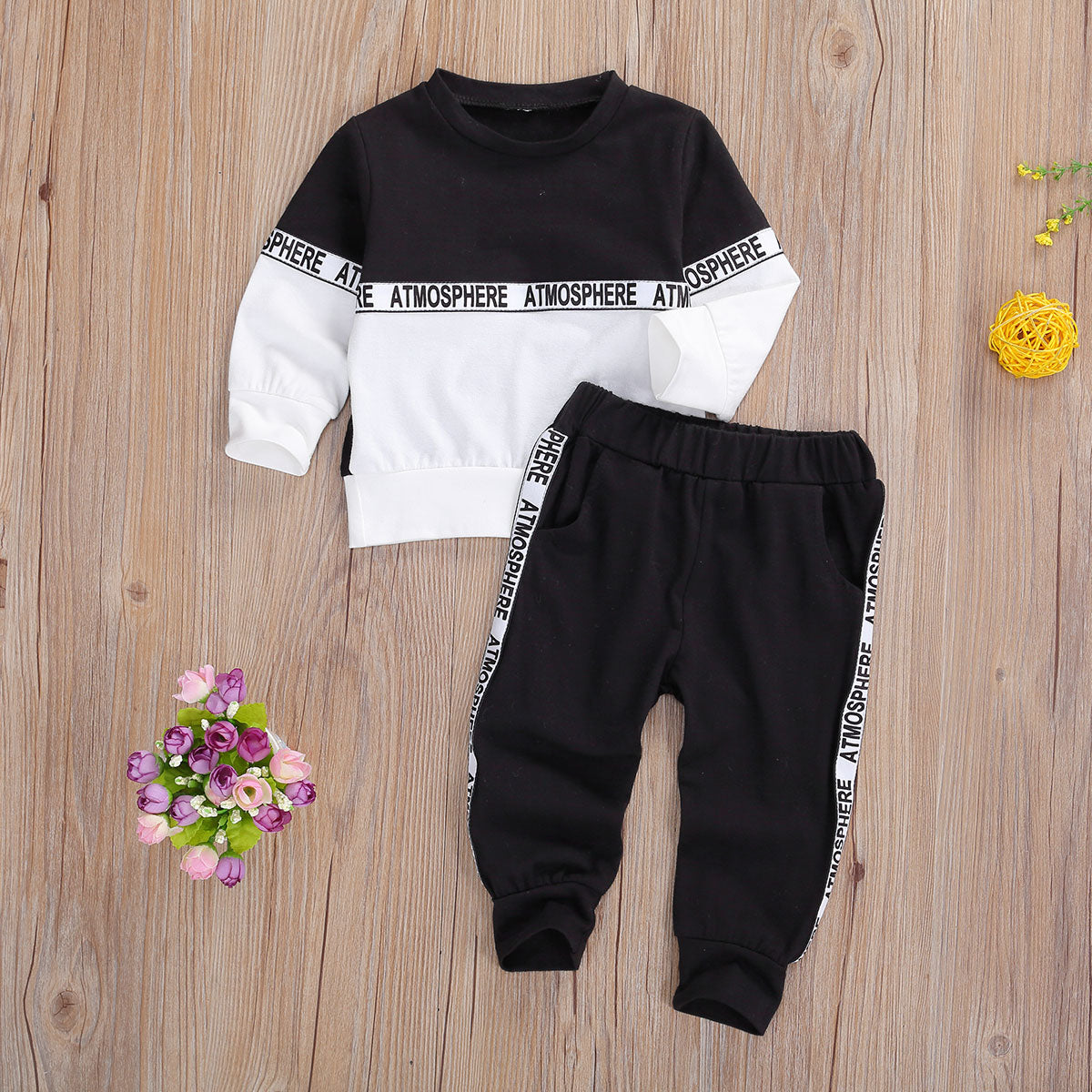 Toddler Kids Baby Boys Clothes Set Long-sleeved Letter Personality Round Neck Hoodies and Solid Color Elastic Long Pants - BabbeZz