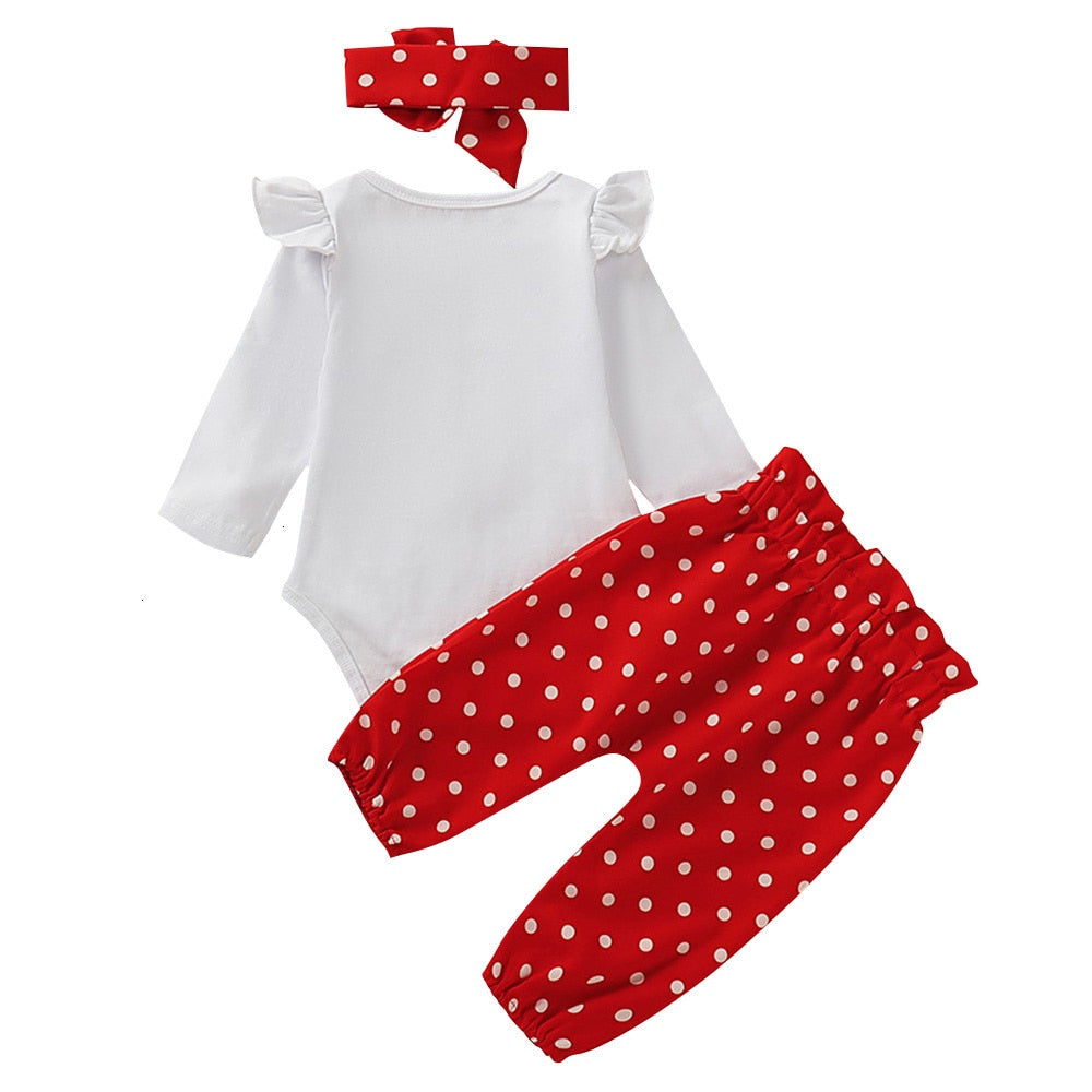 Stylish Newborn Baby Girls Clothes Set with Long Sleeve Heart Print T-shirt and Polka Dot Pants