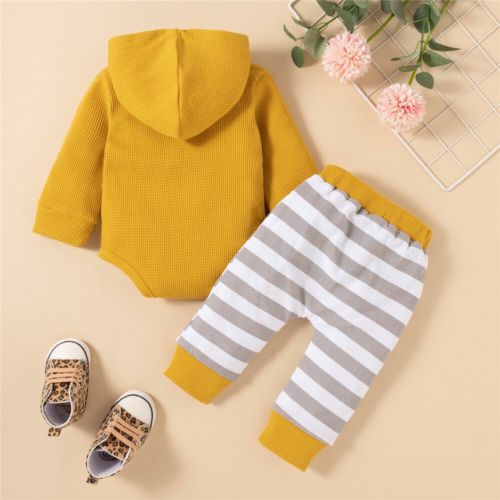 Adorable Baby Girl Bodysuit with Letter Print and Striped Leg Warmers