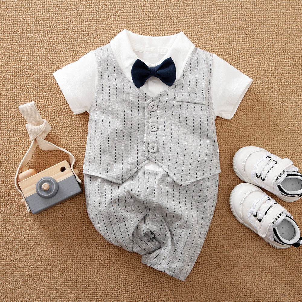 Adorable Gentleman Style Baby Boy Rompers with Plaid Necktie and Overalls