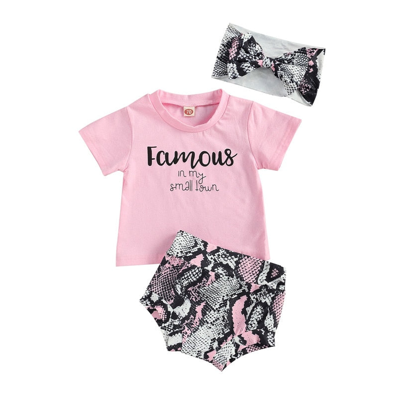 Summer Infant Clothing Set for Baby Girls: Short Sleeve Letter Print Tops, Printed Shorts, and Headband Outfits